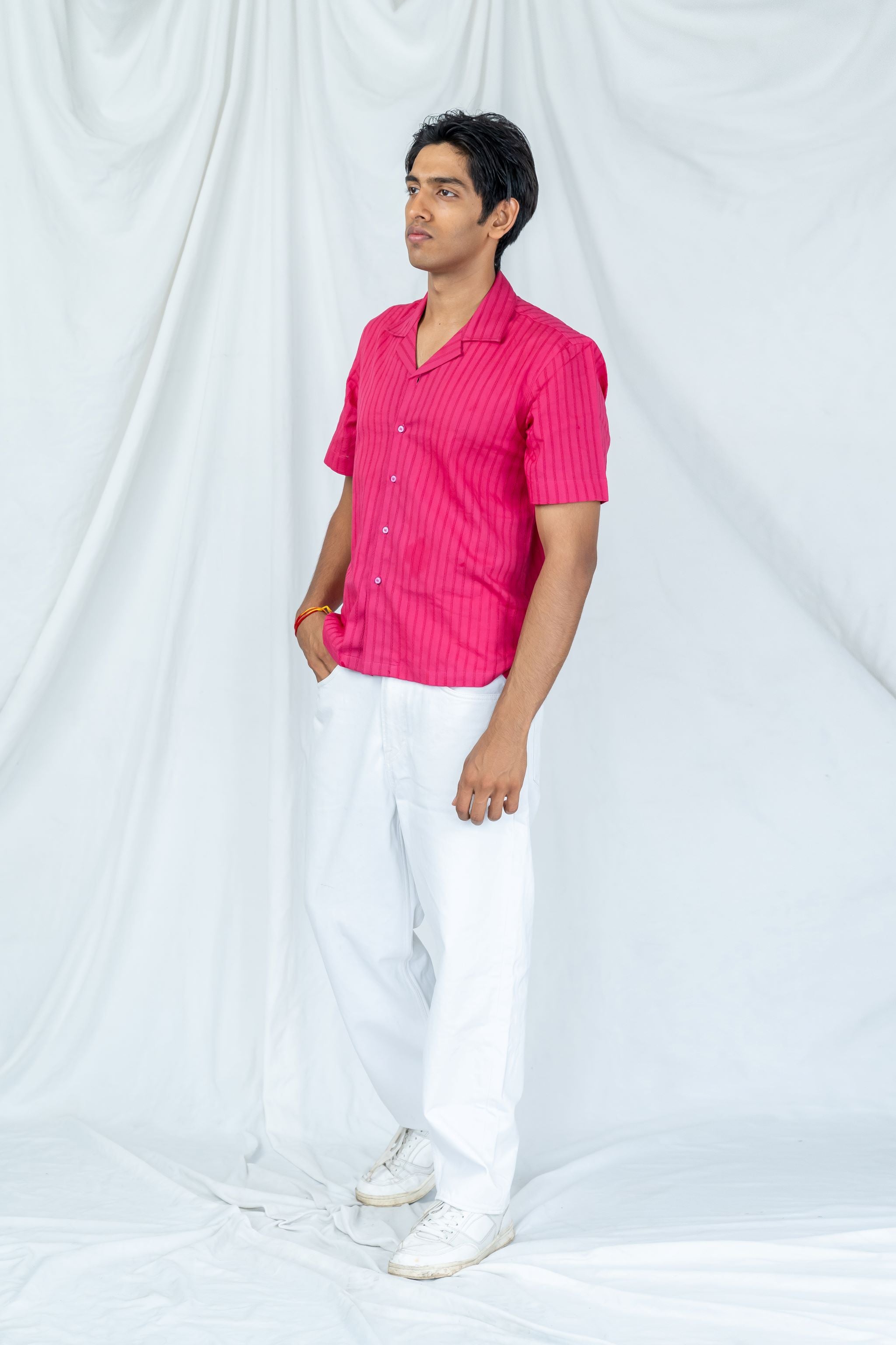 Mundu Cotton White Shirt With Fuchsia Stripes